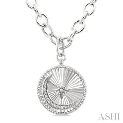 1/20 Ctw Circle Fluted Medallion Single Cut Diamond Moon & Star Fashion Pendant With Chain in Sterling Silver 1/20 Ctw Circle Fluted Medallion Single Cut Diamond Moon & Star Fashion Pendant With Chain in Sterling Silver