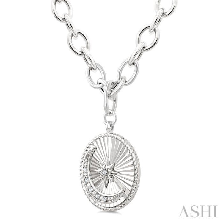 1/20 Ctw Circle Fluted Medallion Single Cut Diamond Moon & Star Fashion Pendant With Chain in Sterling Silver 1/20 Ctw Circle Fluted Medallion Single Cut Diamond Moon & Star Fashion Pendant With Chain in Sterling Silver