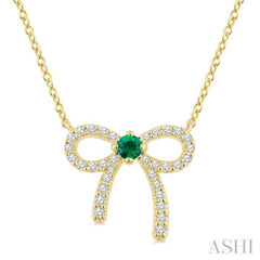 2.40 MM Round Shape Emerald and 1/8 Ctw Bow Round Cut Diamond Fashion Pendant With Chain in 10k Yellow Gold 2.40 MM Round Shape Emerald and 1/8 Ctw Bow Round Cut Diamond Fashion Pendant With Chain in 10k Yellow Gold