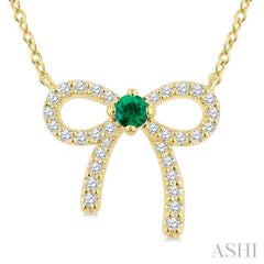 2.40 MM Round Shape Emerald and 1/8 Ctw Bow Round Cut Diamond Fashion Pendant With Chain in 10k Yellow Gold 2.40 MM Round Shape Emerald and 1/8 Ctw Bow Round Cut Diamond Fashion Pendant With Chain in 10k Yellow Gold