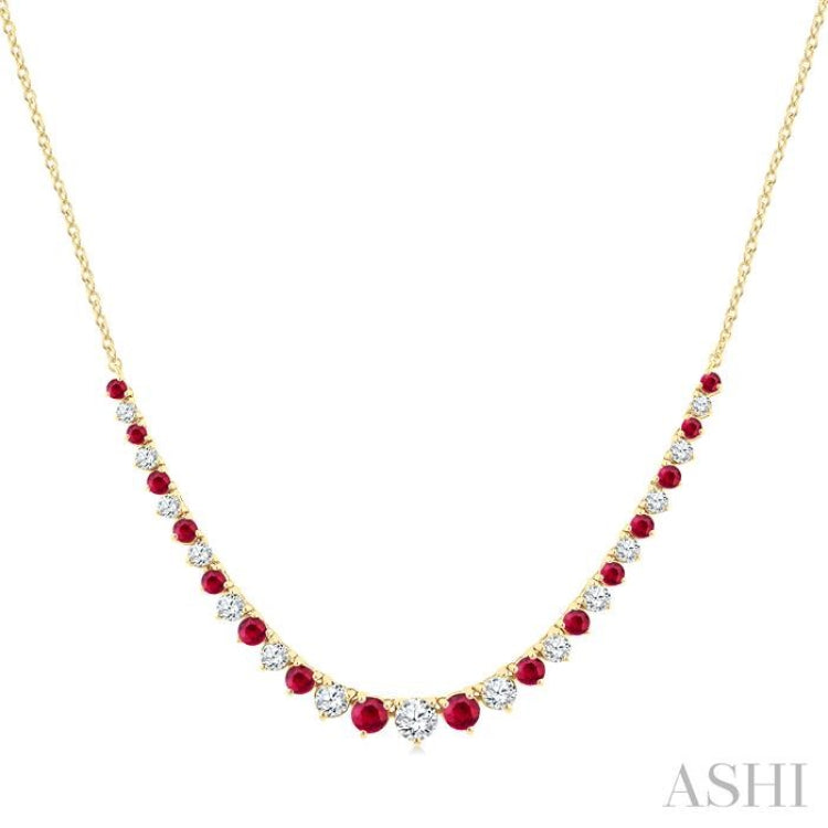 1.7 MM - 3 MM Round Shape Ruby and 3/4 Ctw Round Cut Diamond Precious Riviera Necklace in 14K Yellow Gold 1.7 MM - 3 MM Round Shape Ruby and 3/4 Ctw Round Cut Diamond Precious Riviera Necklace in 14K Yellow Gold