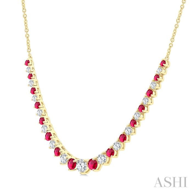 1.7 MM - 3 MM Round Shape Ruby and 3/4 Ctw Round Cut Diamond Precious Riviera Necklace in 14K Yellow Gold 1.7 MM - 3 MM Round Shape Ruby and 3/4 Ctw Round Cut Diamond Precious Riviera Necklace in 14K Yellow Gold