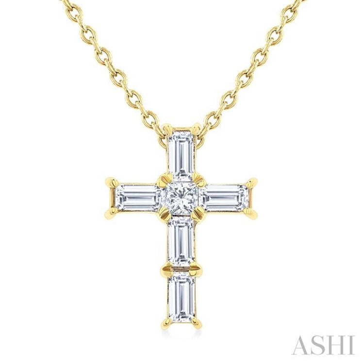 1/6 Ctw Princess and Baguette Cut Diamond Cross Petite Fashion Pendant With Chain in 10K Yellow Gold 1/6 Ctw Princess and Baguette Cut Diamond Cross Petite Fashion Pendant With Chain in 10K Yellow Gold