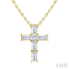 1/6 Ctw Princess and Baguette Cut Diamond Cross Petite Fashion Pendant With Chain in 10K Yellow Gold 1/6 Ctw Princess and Baguette Cut Diamond Cross Petite Fashion Pendant With Chain in 10K Yellow Gold