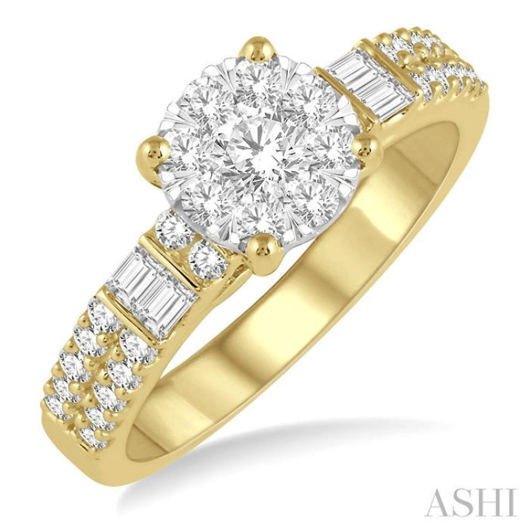 7/8 ctw Round and Baguette Diamond Lovebright Engagement Ring in 14K Yellow and White gold 7/8 ctw Round and Baguette Diamond Lovebright Engagement Ring in 14K Yellow and White gold