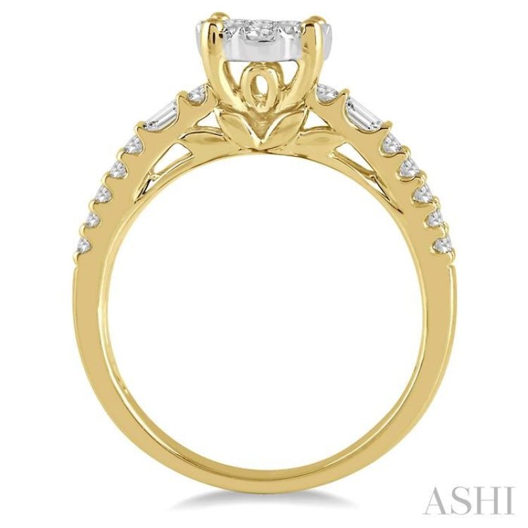 7/8 ctw Round and Baguette Diamond Lovebright Engagement Ring in 14K Yellow and White gold 7/8 ctw Round and Baguette Diamond Lovebright Engagement Ring in 14K Yellow and White gold