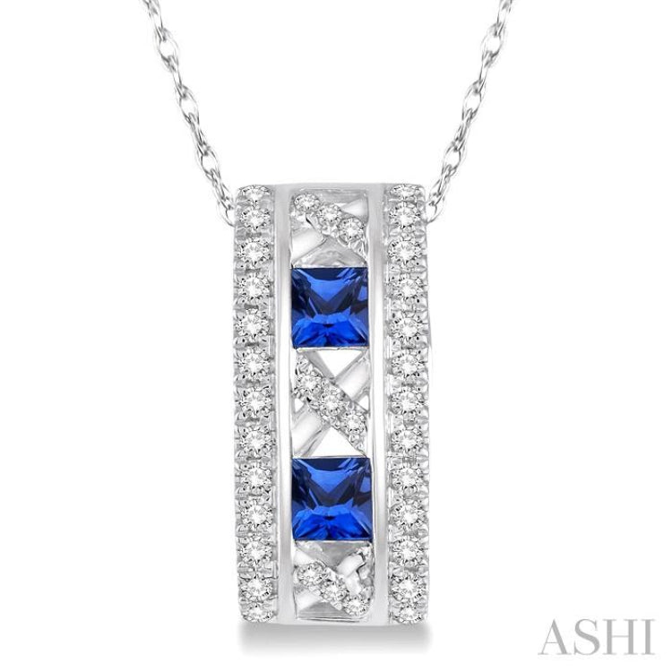 3x3 MM Princess Cut Sapphire and 1/5 Ctw Round Cut Diamond Precious Pendant in 14K White Gold with Chain 3x3 MM Princess Cut Sapphire and 1/5 Ctw Round Cut Diamond Precious Pendant in 14K White Gold with Chain