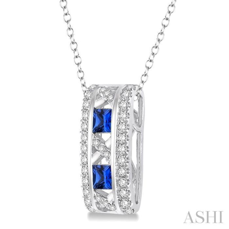 3x3 MM Princess Cut Sapphire and 1/5 Ctw Round Cut Diamond Precious Pendant in 14K White Gold with Chain 3x3 MM Princess Cut Sapphire and 1/5 Ctw Round Cut Diamond Precious Pendant in 14K White Gold with Chain