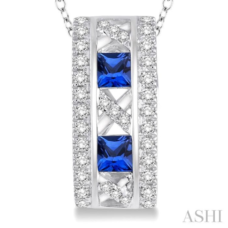 3x3 MM Princess Cut Sapphire and 1/5 Ctw Round Cut Diamond Precious Pendant in 14K White Gold with Chain 3x3 MM Princess Cut Sapphire and 1/5 Ctw Round Cut Diamond Precious Pendant in 14K White Gold with Chain
