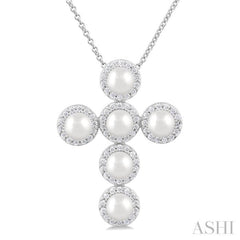 4 MM Cross Cultured Pearl and 1/3 Ctw Round Cut Diamond Pendant With Chain in 14K White Gold 4 MM Cross Cultured Pearl and 1/3 Ctw Round Cut Diamond Pendant With Chain in 14K White Gold
