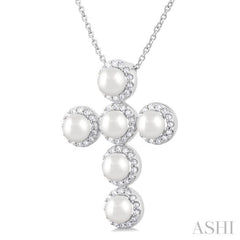 4 MM Cross Cultured Pearl and 1/3 Ctw Round Cut Diamond Pendant With Chain in 14K White Gold 4 MM Cross Cultured Pearl and 1/3 Ctw Round Cut Diamond Pendant With Chain in 14K White Gold