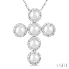 4 MM Cross Cultured Pearl and 1/3 Ctw Round Cut Diamond Pendant With Chain in 14K White Gold 4 MM Cross Cultured Pearl and 1/3 Ctw Round Cut Diamond Pendant With Chain in 14K White Gold