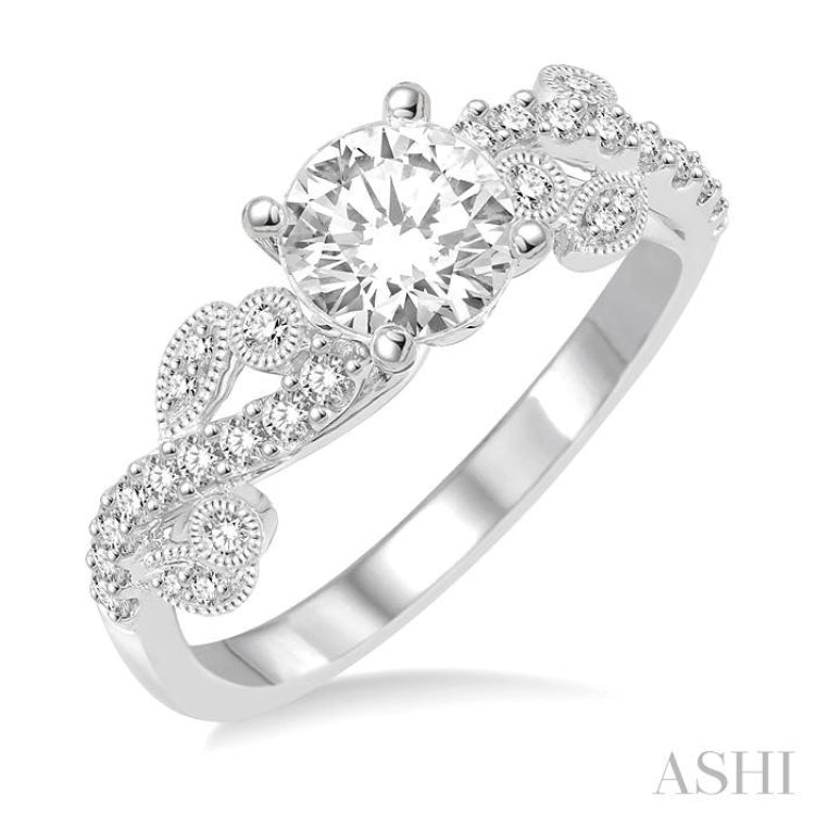 3/4 Ctw Criss Cross Shank Round Cut Diamond Engagement Ring with 1/2 Ct Round Cut Center Stone in 14K White Gold 3/4 Ctw Criss Cross Shank Round Cut Diamond Engagement Ring with 1/2 Ct Round Cut Center Stone in 14K White Gold