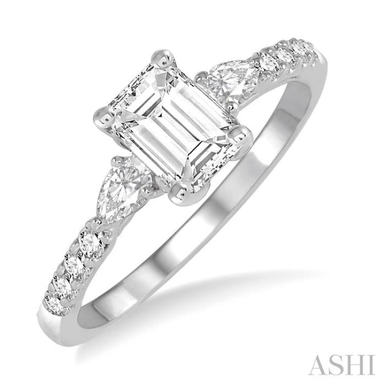 7/8 ctw Pear & Round Cut Diamond Engagement Ring With 1/2 ct Emerald Cut Center Stone in 14K White Gold 7/8 ctw Pear & Round Cut Diamond Engagement Ring With 1/2 ct Emerald Cut Center Stone in 14K White Gold