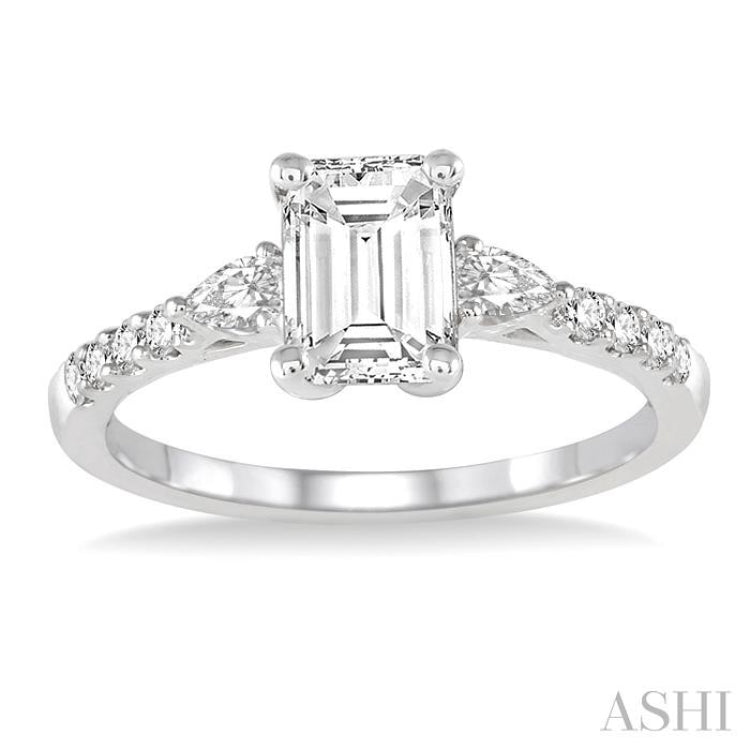7/8 ctw Pear & Round Cut Diamond Engagement Ring With 1/2 ct Emerald Cut Center Stone in 14K White Gold 7/8 ctw Pear & Round Cut Diamond Engagement Ring With 1/2 ct Emerald Cut Center Stone in 14K White Gold
