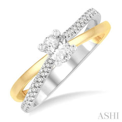 1/2 Ctw Two Tone Criss Cross Round & Oval Cut Diamond Engagement Ring With 1/3 Ct Oval Cut Center Stone in 14K White and Yellow Gold 1/2 Ctw Two Tone Criss Cross Round & Oval Cut Diamond Engagement Ring With 1/3 Ct Oval Cut Center Stone in 14K White and Yellow Gold