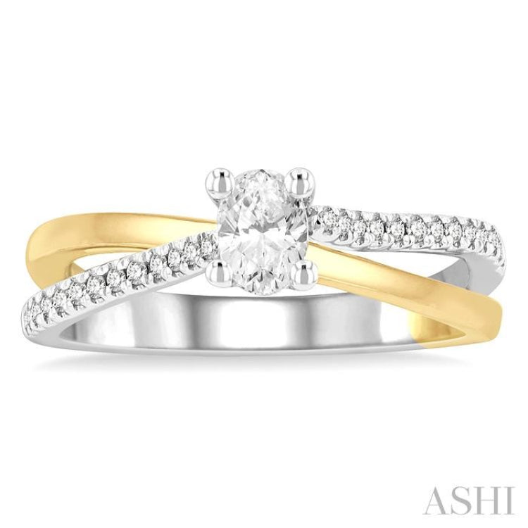 1/2 Ctw Two Tone Criss Cross Round & Oval Cut Diamond Engagement Ring With 1/3 Ct Oval Cut Center Stone in 14K White and Yellow Gold 1/2 Ctw Two Tone Criss Cross Round & Oval Cut Diamond Engagement Ring With 1/3 Ct Oval Cut Center Stone in 14K White and Yellow Gold