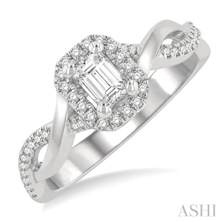 1/5 ctw Twisted Shank Emerald Shape Round Cut Diamond Semi-Mount Engagement Ring in 14K White Gold 1/5 ctw Twisted Shank Emerald Shape Round Cut Diamond Semi-Mount Engagement Ring in 14K White Gold