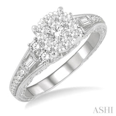 7/8 ctw Circular Mount Lovebright Round Cut and Baguette Diamond Engagement Ring in 14K White Gold 7/8 ctw Circular Mount Lovebright Round Cut and Baguette Diamond Engagement Ring in 14K White Gold