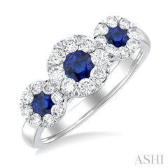 3.8 MM & 3 MM Sapphire and 5/8 Ctw Round Cut Diamond Precious Lovebright Past, Present and Future Ring in 14K White Gold 3.8 MM & 3 MM Sapphire and 5/8 Ctw Round Cut Diamond Precious Lovebright Past, Present and Future Ring in 14K White Gold