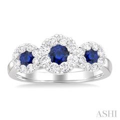 3.8 MM & 3 MM Sapphire and 5/8 Ctw Round Cut Diamond Precious Lovebright Past, Present and Future Ring in 14K White Gold 3.8 MM & 3 MM Sapphire and 5/8 Ctw Round Cut Diamond Precious Lovebright Past, Present and Future Ring in 14K White Gold