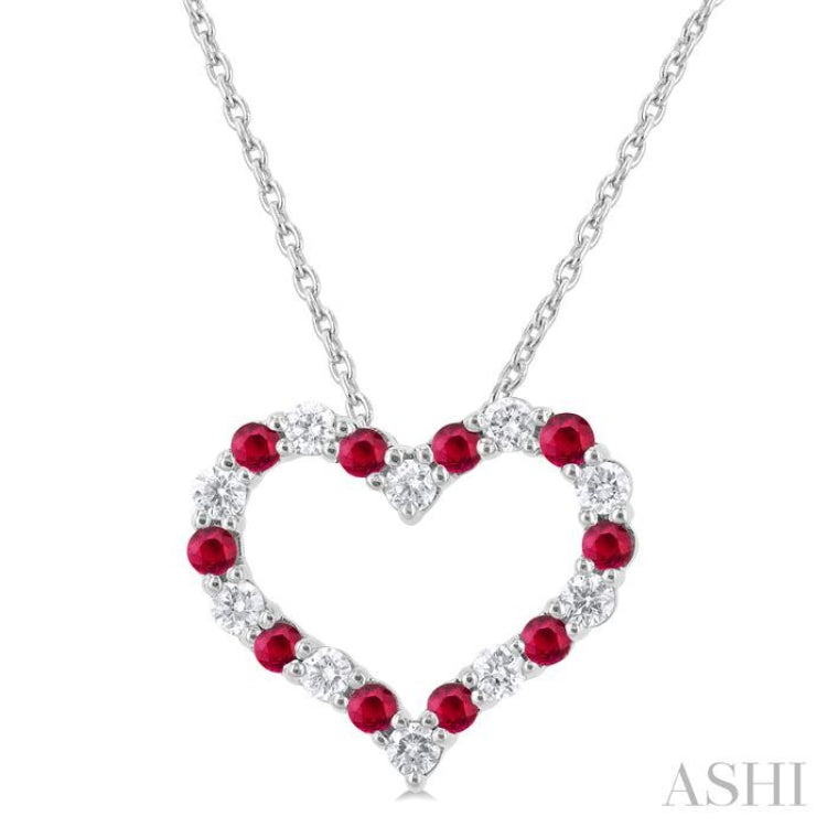 1.80 MM Round Cut Ruby and 1/4 Ctw Open Heart Round Cut Diamond Precious Fashion Pendant With Chain in 14K White Gold 1.80 MM Round Cut Ruby and 1/4 Ctw Open Heart Round Cut Diamond Precious Fashion Pendant With Chain in 14K White Gold