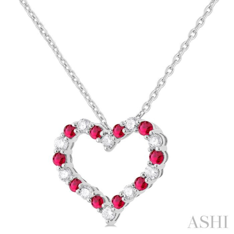 1.80 MM Round Cut Ruby and 1/4 Ctw Open Heart Round Cut Diamond Precious Fashion Pendant With Chain in 14K White Gold 1.80 MM Round Cut Ruby and 1/4 Ctw Open Heart Round Cut Diamond Precious Fashion Pendant With Chain in 14K White Gold