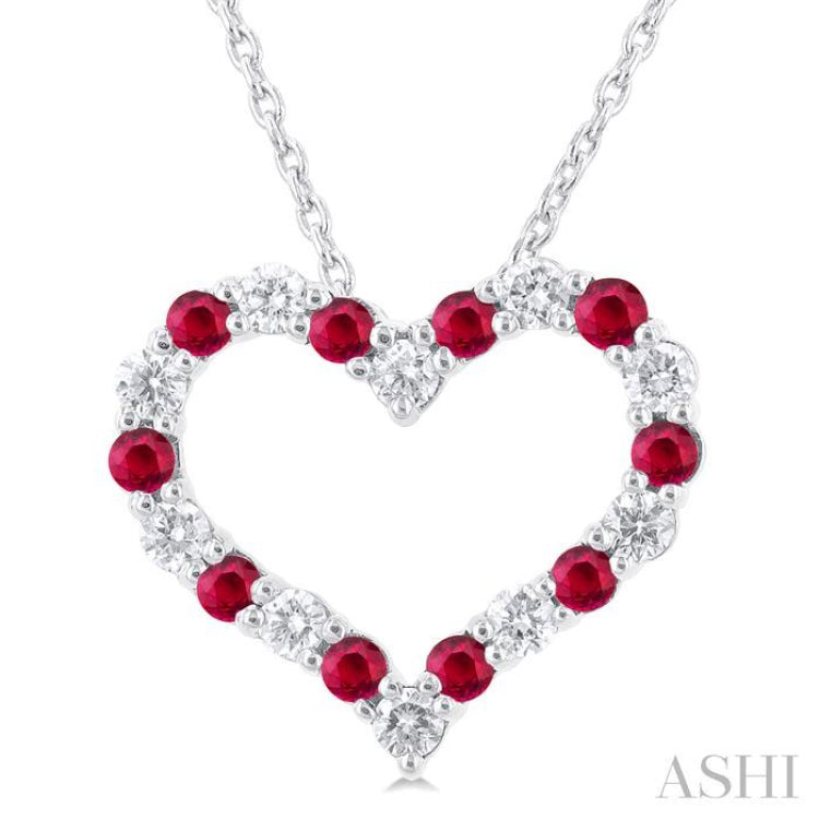 1.80 MM Round Cut Ruby and 1/4 Ctw Open Heart Round Cut Diamond Precious Fashion Pendant With Chain in 14K White Gold 1.80 MM Round Cut Ruby and 1/4 Ctw Open Heart Round Cut Diamond Precious Fashion Pendant With Chain in 14K White Gold