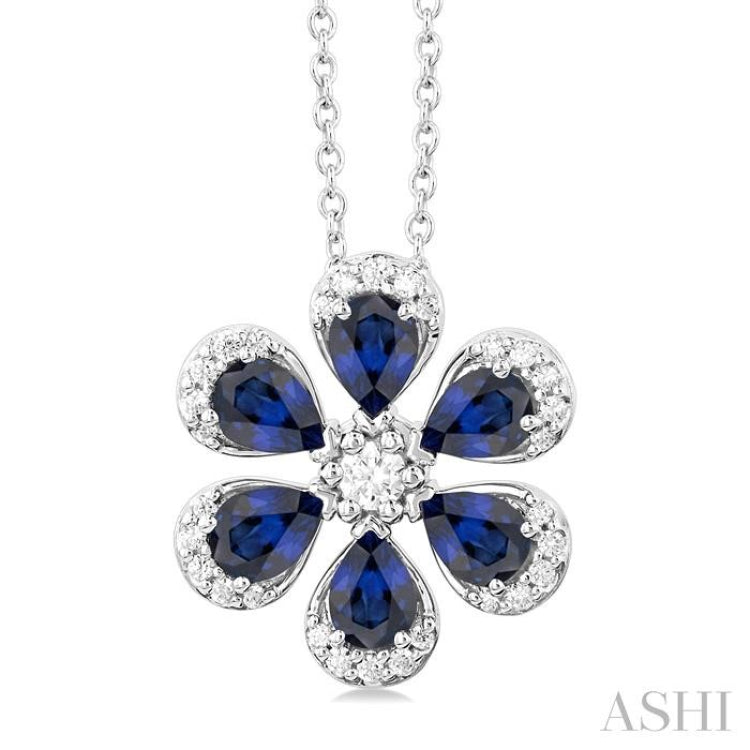 4X3 MM Floral Blossom Pear Cut Sapphire and 1/6 Ctw Round Cut Diamond Precious Pendant With Chain in 14K White Gold 4X3 MM Floral Blossom Pear Cut Sapphire and 1/6 Ctw Round Cut Diamond Precious Pendant With Chain in 14K White Gold