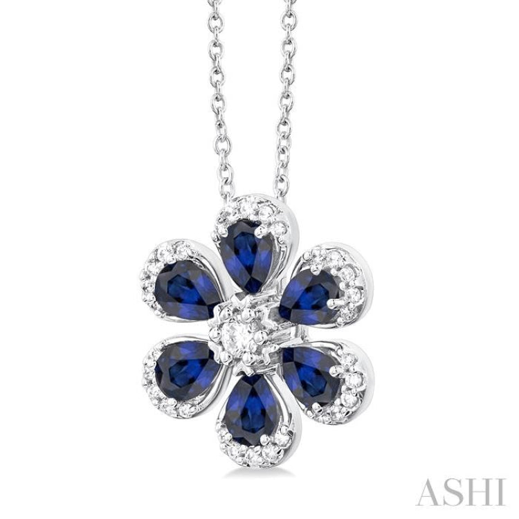 4X3 MM Floral Blossom Pear Cut Sapphire and 1/6 Ctw Round Cut Diamond Precious Pendant With Chain in 14K White Gold 4X3 MM Floral Blossom Pear Cut Sapphire and 1/6 Ctw Round Cut Diamond Precious Pendant With Chain in 14K White Gold