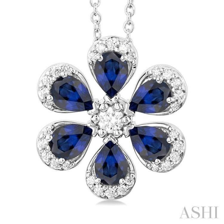 4X3 MM Floral Blossom Pear Cut Sapphire and 1/6 Ctw Round Cut Diamond Precious Pendant With Chain in 14K White Gold 4X3 MM Floral Blossom Pear Cut Sapphire and 1/6 Ctw Round Cut Diamond Precious Pendant With Chain in 14K White Gold