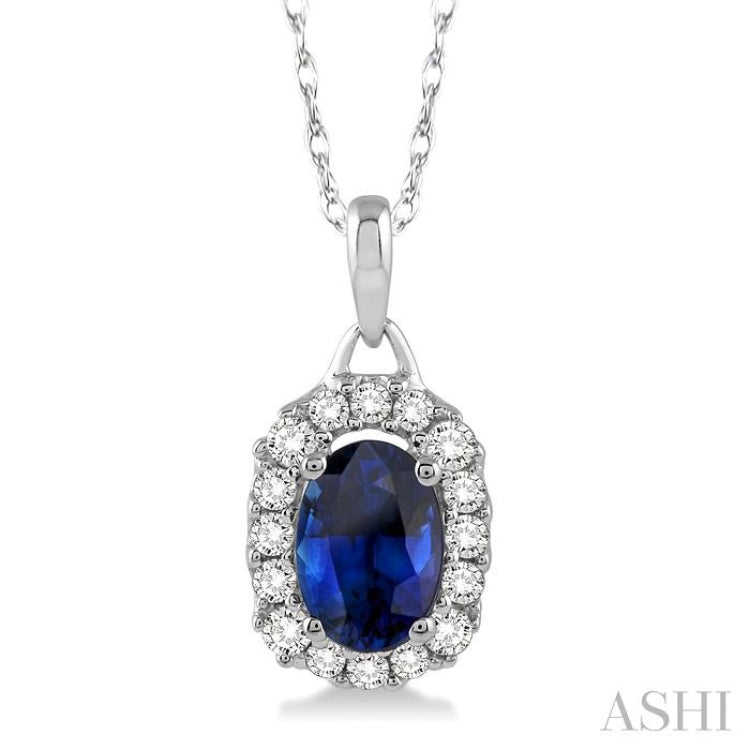 6x4 MM Oval Cut Sapphire and 1/6 Ctw Round Cut Diamond Precious Pendant in 14K White Gold with Chain 6x4 MM Oval Cut Sapphire and 1/6 Ctw Round Cut Diamond Precious Pendant in 14K White Gold with Chain