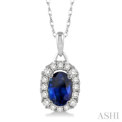 6x4 MM Oval Cut Sapphire and 1/6 Ctw Round Cut Diamond Precious Pendant in 14K White Gold with Chain 6x4 MM Oval Cut Sapphire and 1/6 Ctw Round Cut Diamond Precious Pendant in 14K White Gold with Chain