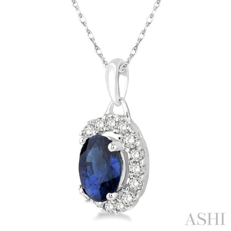 6x4 MM Oval Cut Sapphire and 1/6 Ctw Round Cut Diamond Precious Pendant in 14K White Gold with Chain 6x4 MM Oval Cut Sapphire and 1/6 Ctw Round Cut Diamond Precious Pendant in 14K White Gold with Chain