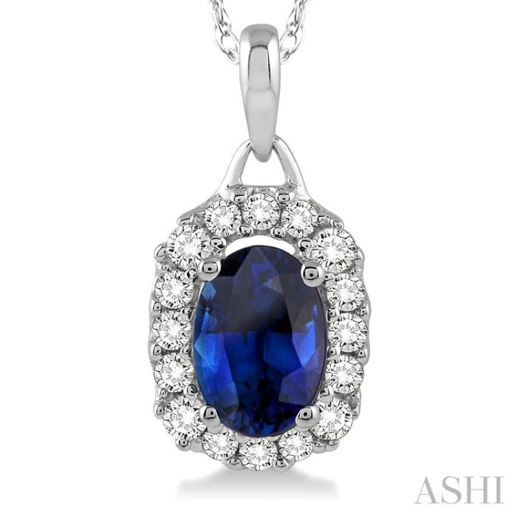 6x4 MM Oval Cut Sapphire and 1/6 Ctw Round Cut Diamond Precious Pendant in 14K White Gold with Chain 6x4 MM Oval Cut Sapphire and 1/6 Ctw Round Cut Diamond Precious Pendant in 14K White Gold with Chain