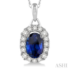 6x4 MM Oval Cut Sapphire and 1/6 Ctw Round Cut Diamond Precious Pendant in 14K White Gold with Chain 6x4 MM Oval Cut Sapphire and 1/6 Ctw Round Cut Diamond Precious Pendant in 14K White Gold with Chain