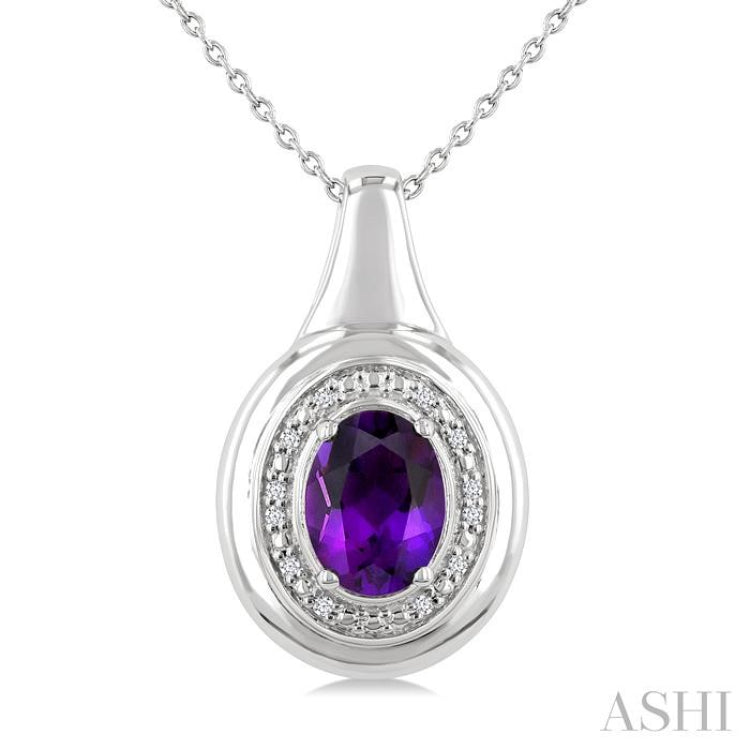 8X6 MM Oval Shape Amethyst and 1/20 Ctw Single Cut Diamond Semi-precious Pendant With Chain in Sterling Silver 8X6 MM Oval Shape Amethyst and 1/20 Ctw Single Cut Diamond Semi-precious Pendant With Chain in Sterling Silver