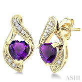 6x6 MM Heart Shape Amethyst and 1/20 Ctw Round Cut Diamond Semi-Precious Earrings in 14K Yellow Gold
