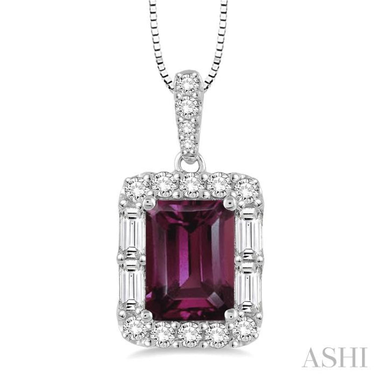 7x5 MM Emerald Cut Rhodolite Garnet and 1/3 Ctw Diamond Semi-Precious Pendant in 14K White Gold with Chain 7x5 MM Emerald Cut Rhodolite Garnet and 1/3 Ctw Diamond Semi-Precious Pendant in 14K White Gold with Chain