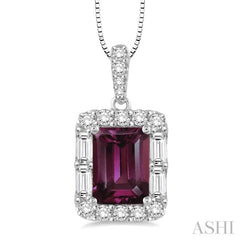 7x5 MM Emerald Cut Rhodolite Garnet and 1/3 Ctw Diamond Semi-Precious Pendant in 14K White Gold with Chain 7x5 MM Emerald Cut Rhodolite Garnet and 1/3 Ctw Diamond Semi-Precious Pendant in 14K White Gold with Chain