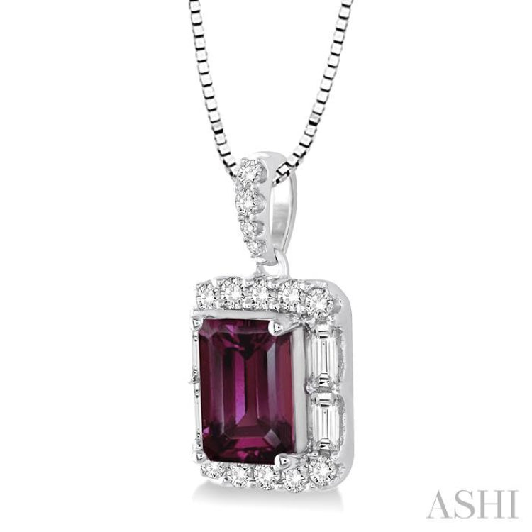 7x5 MM Emerald Cut Rhodolite Garnet and 1/3 Ctw Diamond Semi-Precious Pendant in 14K White Gold with Chain 7x5 MM Emerald Cut Rhodolite Garnet and 1/3 Ctw Diamond Semi-Precious Pendant in 14K White Gold with Chain