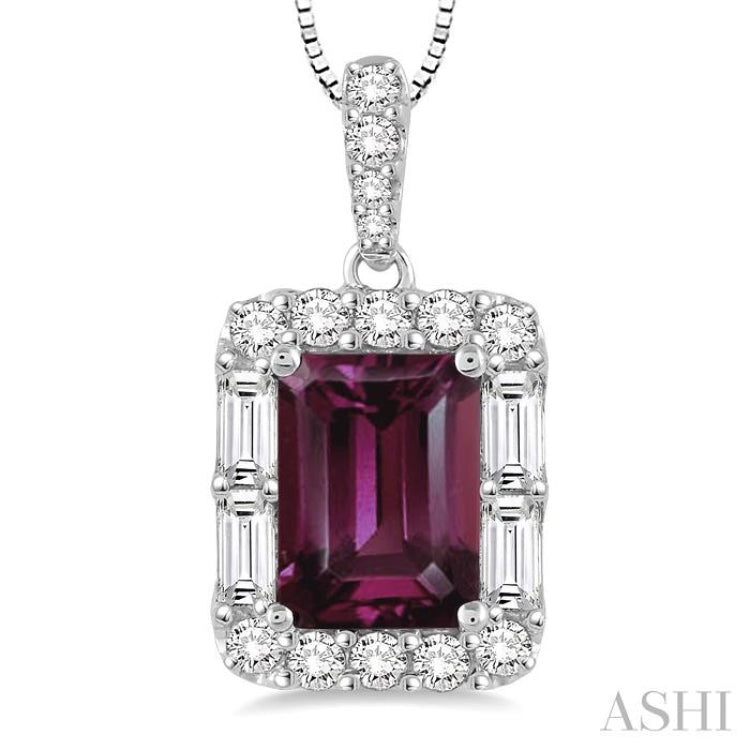 7x5 MM Emerald Cut Rhodolite Garnet and 1/3 Ctw Diamond Semi-Precious Pendant in 14K White Gold with Chain 7x5 MM Emerald Cut Rhodolite Garnet and 1/3 Ctw Diamond Semi-Precious Pendant in 14K White Gold with Chain