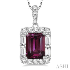 7x5 MM Emerald Cut Rhodolite Garnet and 1/3 Ctw Diamond Semi-Precious Pendant in 14K White Gold with Chain 7x5 MM Emerald Cut Rhodolite Garnet and 1/3 Ctw Diamond Semi-Precious Pendant in 14K White Gold with Chain