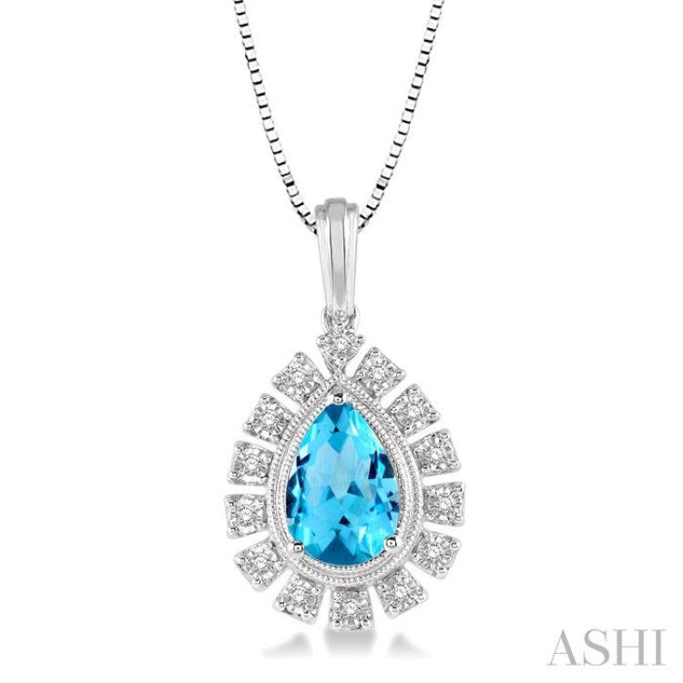 9x6 MM Pear Shape Blue Topaz and 1/10 Ctw Round Cut Diamond Semi-Precious Pendant With Chain in 10K White Gold 9x6 MM Pear Shape Blue Topaz and 1/10 Ctw Round Cut Diamond Semi-Precious Pendant With Chain in 10K White Gold