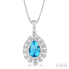 9x6 MM Pear Shape Blue Topaz and 1/10 Ctw Round Cut Diamond Semi-Precious Pendant With Chain in 10K White Gold 9x6 MM Pear Shape Blue Topaz and 1/10 Ctw Round Cut Diamond Semi-Precious Pendant With Chain in 10K White Gold
