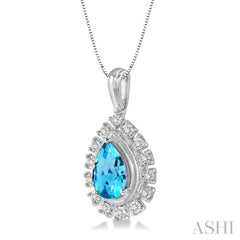 9x6 MM Pear Shape Blue Topaz and 1/10 Ctw Round Cut Diamond Semi-Precious Pendant With Chain in 10K White Gold 9x6 MM Pear Shape Blue Topaz and 1/10 Ctw Round Cut Diamond Semi-Precious Pendant With Chain in 10K White Gold