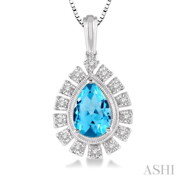 9x6 MM Pear Shape Blue Topaz and 1/10 Ctw Round Cut Diamond Semi-Precious Pendant With Chain in 10K White Gold 9x6 MM Pear Shape Blue Topaz and 1/10 Ctw Round Cut Diamond Semi-Precious Pendant With Chain in 10K White Gold