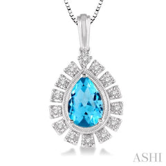 9x6 MM Pear Shape Blue Topaz and 1/10 Ctw Round Cut Diamond Semi-Precious Pendant With Chain in 10K White Gold 9x6 MM Pear Shape Blue Topaz and 1/10 Ctw Round Cut Diamond Semi-Precious Pendant With Chain in 10K White Gold