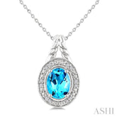 9X7 MM Oval Shape Blue Topaz and 1/20 Ctw Single Cut Diamond Semi-precious Pendant With Chain in Sterling Silver