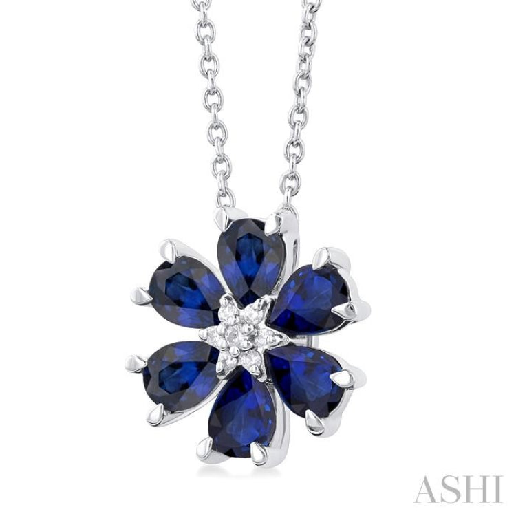 4X3 MM Floral Pear Cut Sapphire and 1/50 Ctw Round Cut Diamond Precious Pendant With Chain in 14K White Gold 4X3 MM Floral Pear Cut Sapphire and 1/50 Ctw Round Cut Diamond Precious Pendant With Chain in 14K White Gold